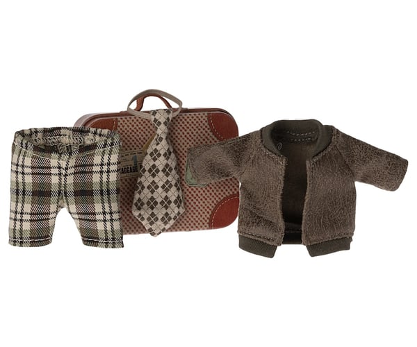 Image of Maileg Jacket Pants & Tie in Suitcase Grandpa Mouse (PRE - ORDER ETA Late April)