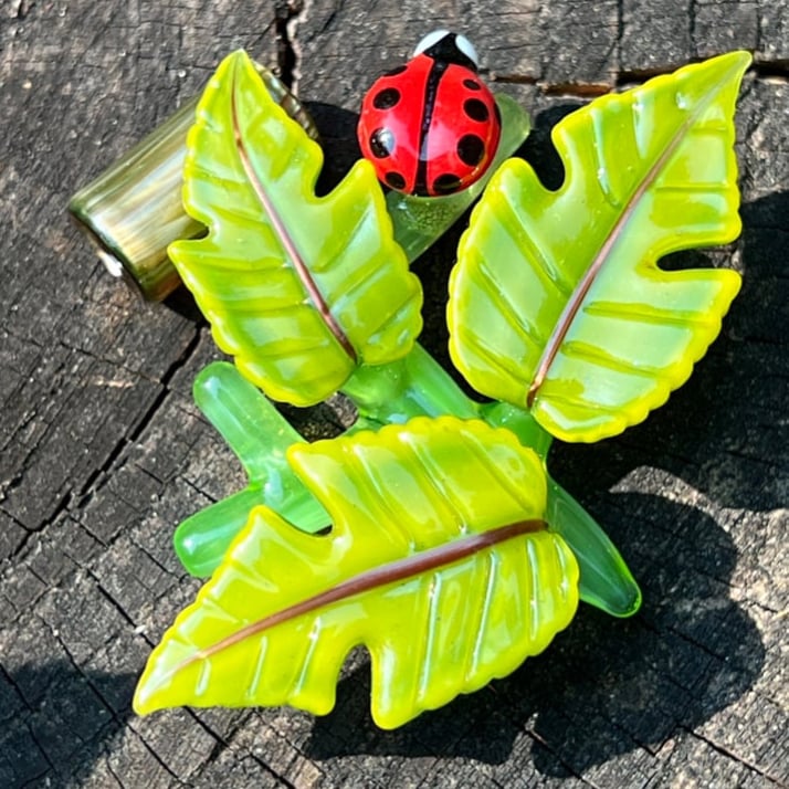 Image of Triple Green Cut Leaf & Ladybug Pendant