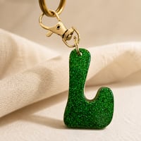Image 3 of Green & Red Glitter Resin Letter Keychains • Cute Gift for Her