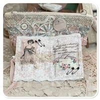 Image 3 of sewing zipper purse and needle book and tiny glass bottle of vintage buttons and French lace