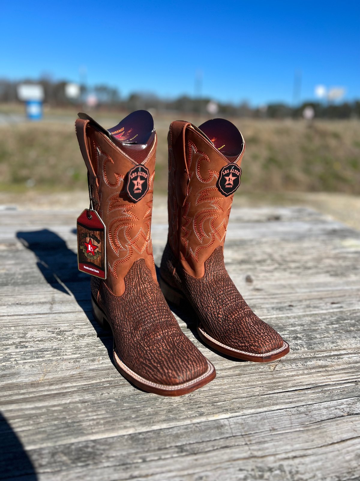 Los Altos Men's Cognac Shark Skin Wide Square Toe Boots | El