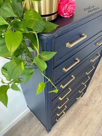 Image 9 of Vintage Stag Chateau Tallboy / Large Chest of Drawers painted in navy blue.