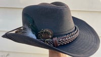Image 2 of Brown Faux Leather Fedora Hat Feather Braid and Feather Band