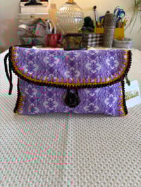 Image 1 of Artisan Crochet Vintage Fabric Psychedelic Purple Clutch Wristlet Purse 