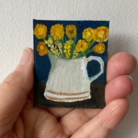 Golden flowers in a pale jug - tiny painting 