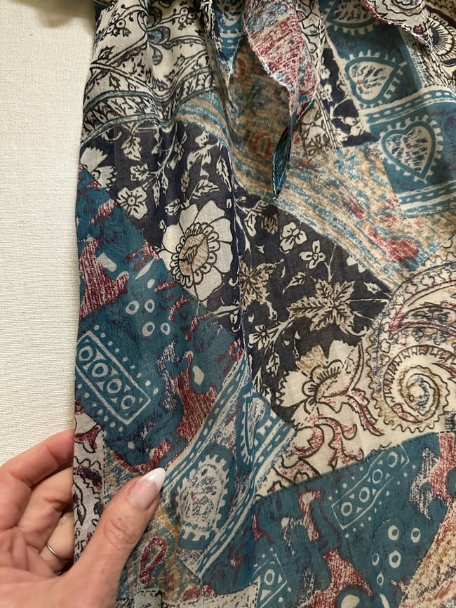 early 70s patchwork voile off shoulder flutter gown
