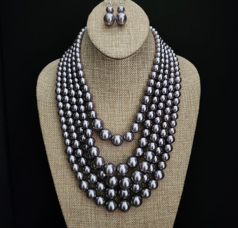 Image of Gray Pearl Five Layered Necklace Set 