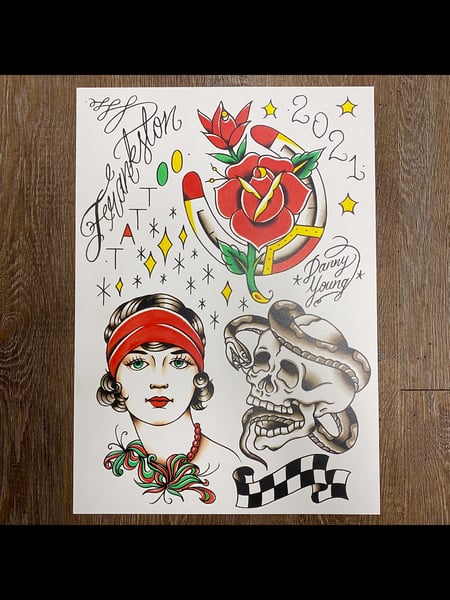 Image of Frankston Tattoo flash sheet A3 Print by Danny Young 