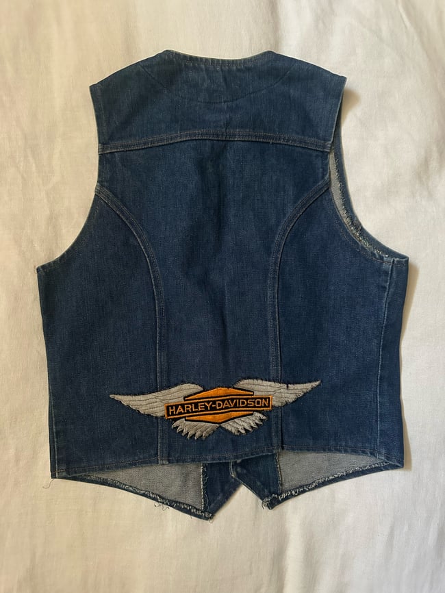 early 70s Wrangler denim vest with rose and harley patches 