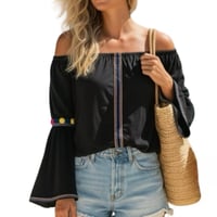 Image 1 of Pitusa Off The Shoulder Black Pom Pom Bell Sleeve Top - One Size Festival Boho