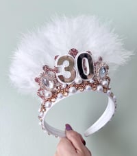 Image 4 of 30th Birthday tiara crown, rose gold with white Feathers & Pearls any age available 