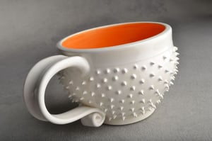 Image of Spiky Mug White and Orange Soup Cocoa Mug Made To Order By Symmetrical Pottery