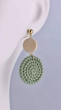 Image 3 of Woven Soft Colors Pottery & Wood Drop Earrings