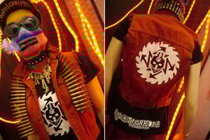 Image of Girls Red Sleeveless Denim Jacket w/ Logo Print