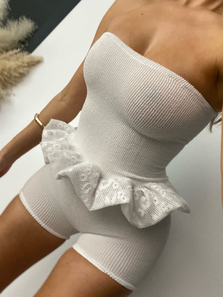 Image of Bubble Peplum Bandeau Top OR Micro Short Co-Ord White Crinkle