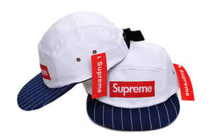 Image of Supreme Box Logo White with Blue Stripes Camp Cap 5 Panel 