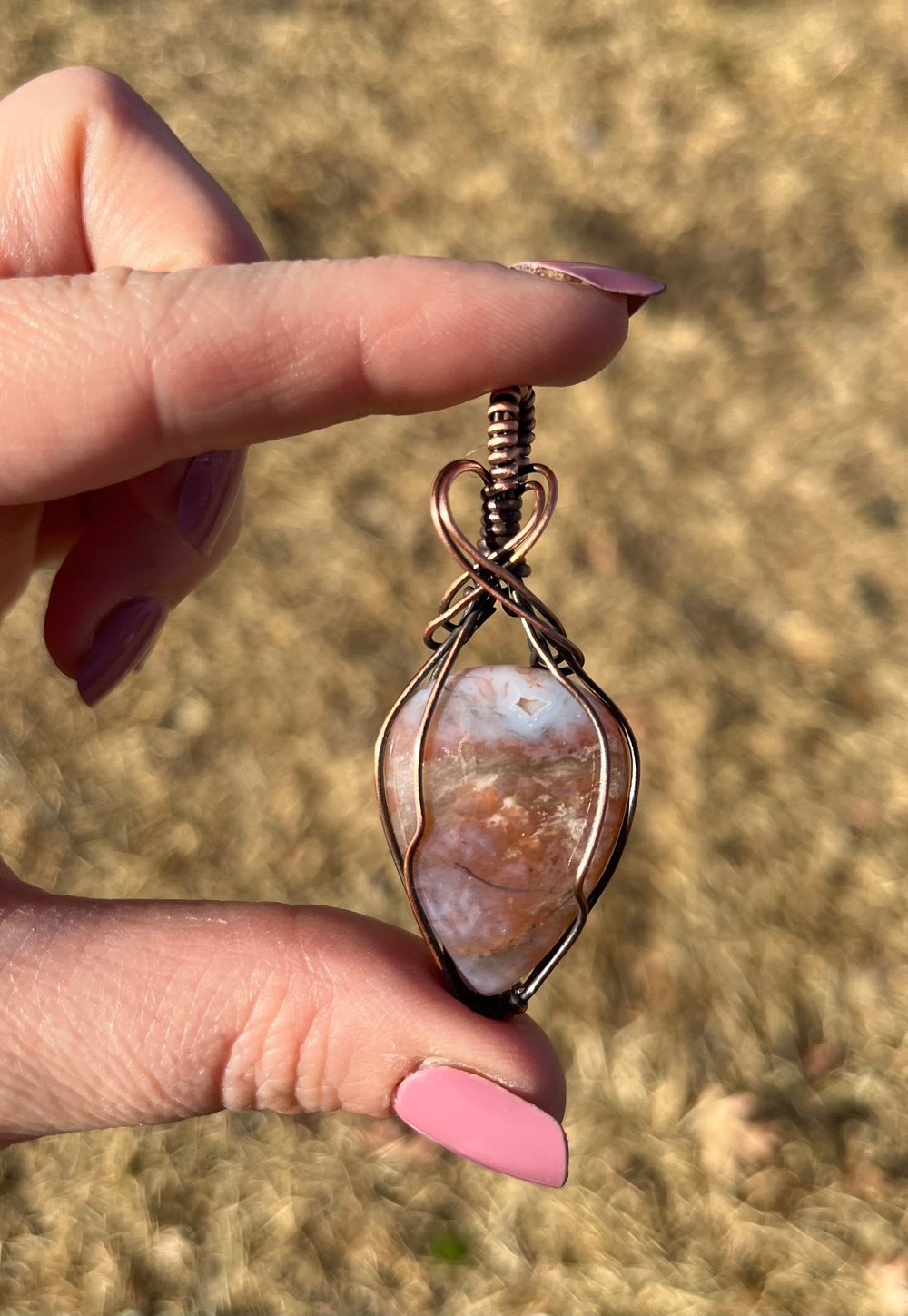 Image of Pink Moss Agate Heart Pendant Necklace 