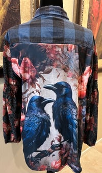 Image 1 of Vintage Blue/Black Flannel Shirt Floral Sleeves & Black Birds