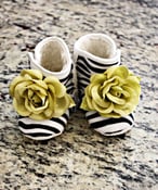 Image of Boutique Zebra Baby Booties with Couture Moss Green flower Size Newborn- 1 year Baby shower gift