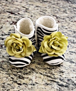 Image of Boutique Zebra Baby Booties with Couture Moss Green flower Size Newborn- 1 year Baby shower gift