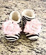 Image of Boutique Zebra Booties with Couture Ballet Pink flower Size Newborn- 1 year - Baby Shower Gift