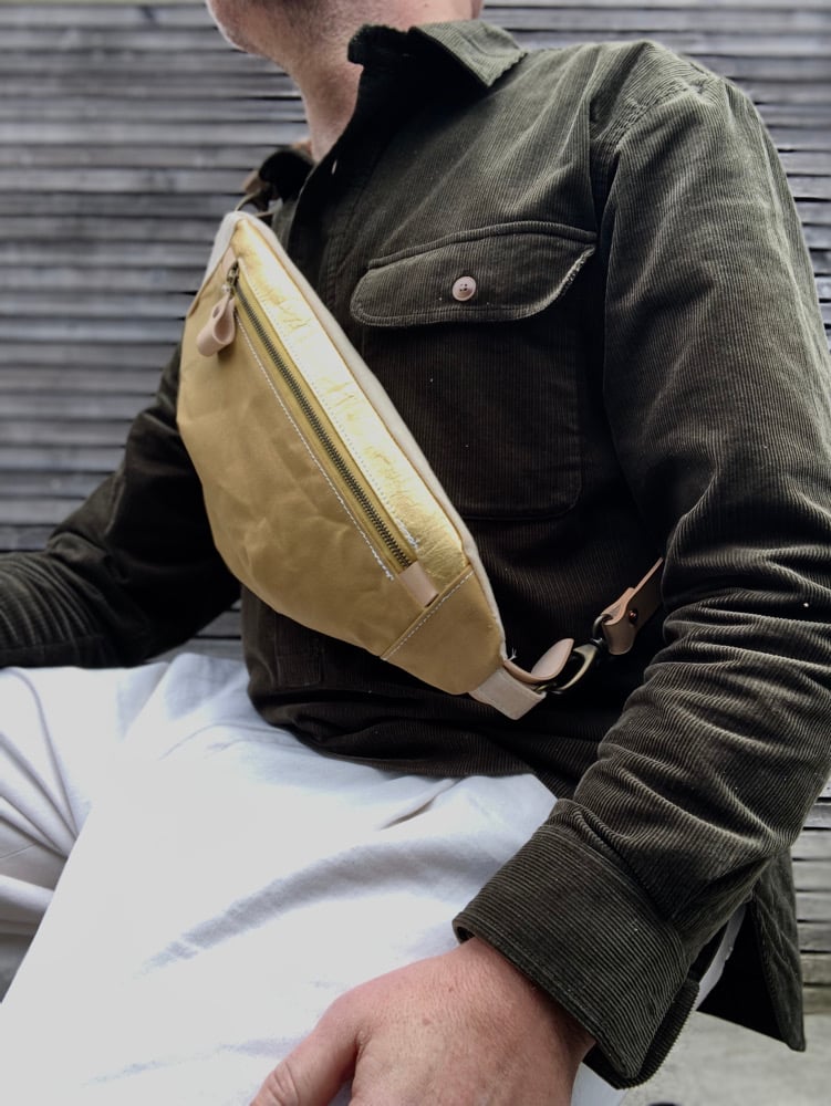 Image of Fanny pack in waxed canvas and pinatex / chest bag / day bag/ with leather shoulder strap