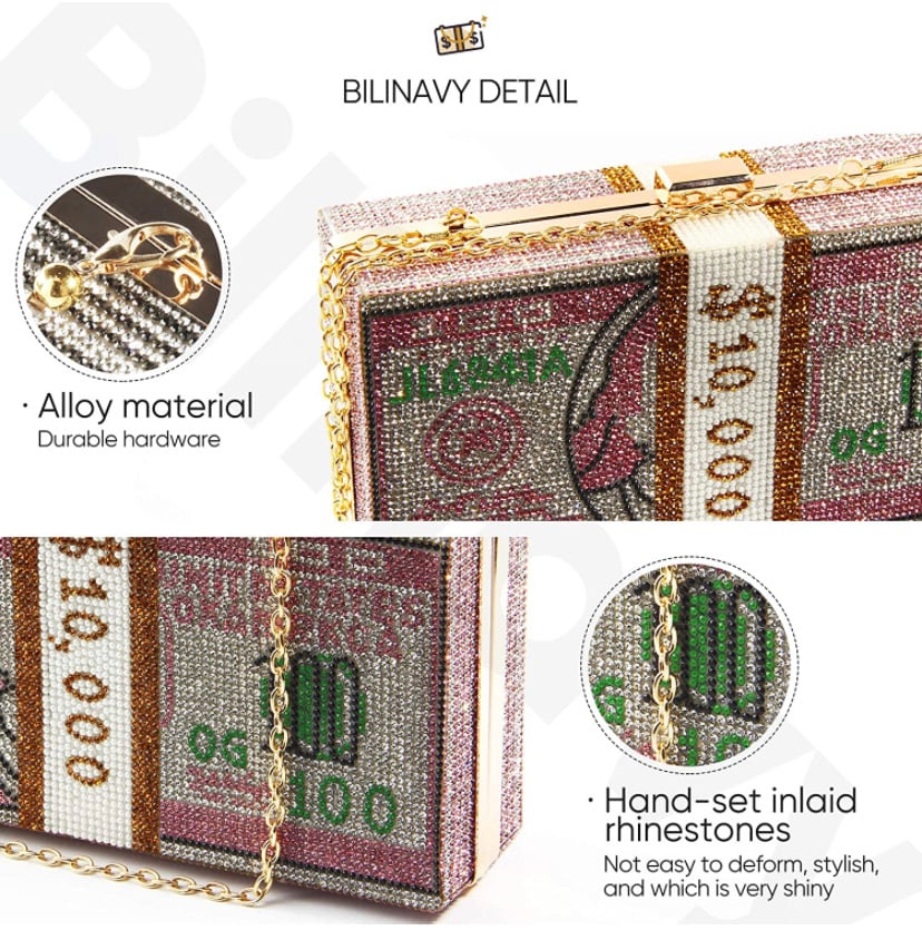 Image of  Money Clutch Purses for Women, Stack of Cash Dollars Crystal Clutch Purses