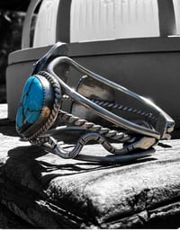 Image 4 of Ride the Sky Sterling Silver and High Grade 70’s Kingman Turquoise Snake Cuff/Ring Set 