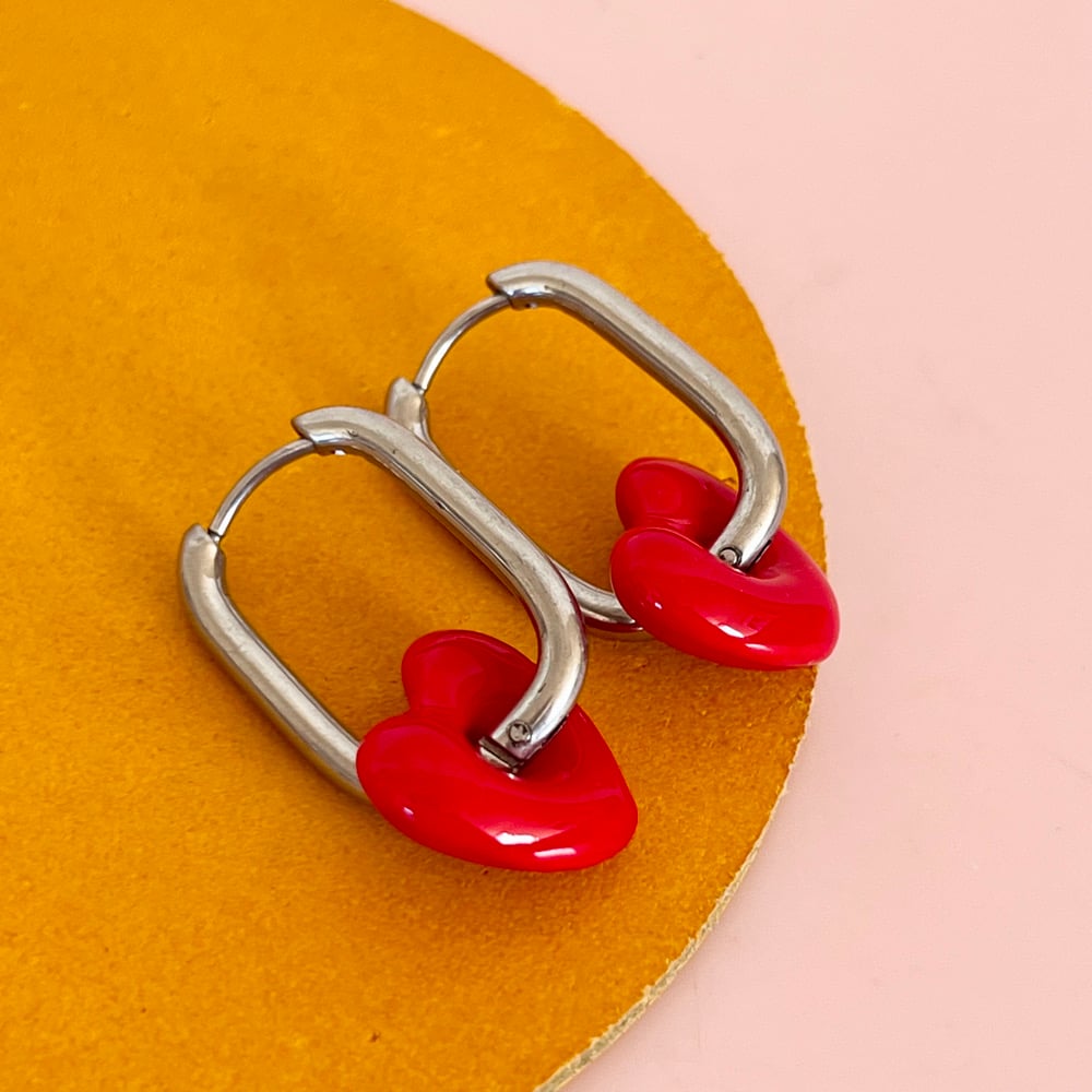 Image of Oval Huggies with Red Glass Heart