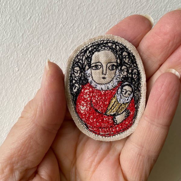 Image of Portrait of a woman in scarlet with child - smaller embroidery brooch 