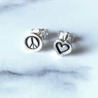 Image 5 of Handmade Mismatched Peace And Love Heart Sterling Silver Stud Earrings 925