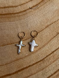Image 1 of Baroque Gold Cross Pearl Huggies