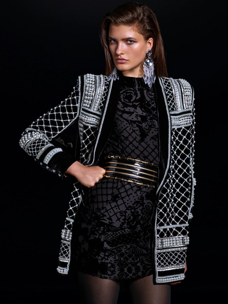 Image of BALMAIN x HM BLACK VELVET EMBELLISHED BLAZER DRESS (US 10/EU 40)
