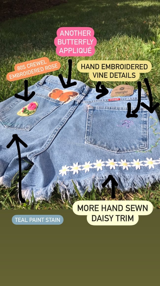 “Morning Glory” Botanical Embroidered Jean Shorts, 33” waistband