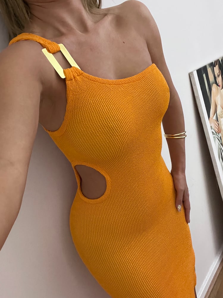 Image of Burnt Orange Crinkle Cut Out Asymmetric Maxi Dress 
