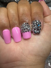 Image 5 of  Pink short square Silver rhinestone gel press on nails