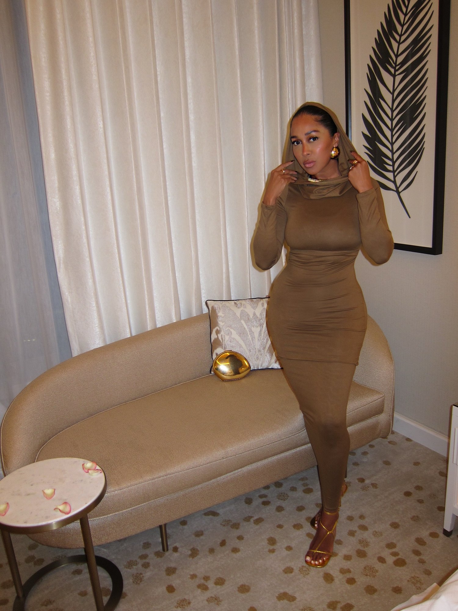 Image of HOODED CAMEL RUCHED MAXI DRESS (SMALL)