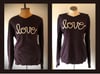 Upcycled “love” cursive yarn sweater in black/red heather