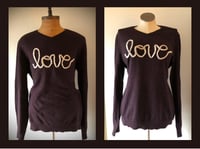 Upcycled “love” cursive yarn sweater in black/red heather