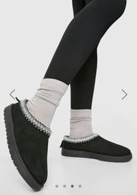 Image 2 of BLACK FAUX SUEDE EMBROIDED AZTEC DETAIL COZY FLUFFY SLIPPERS BOOTS BOOTIES