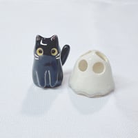 Image 1 of Glow In Dark Black Cat With Ghost Mask ceramic Figurine white gold version 