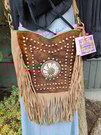 Image 2 of Yellowstone cowboy print suede fringe milk choc and tan