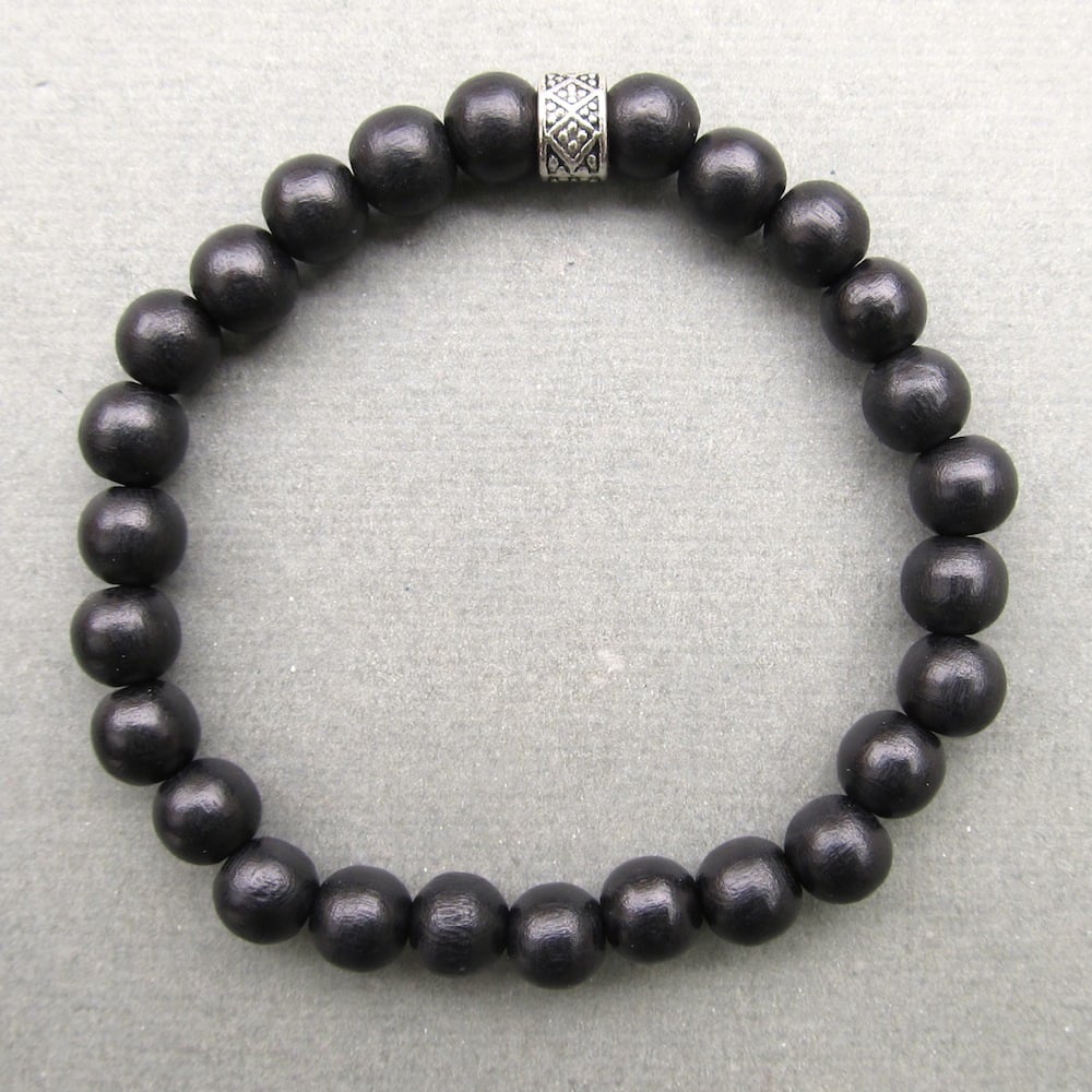 Image of Mens black wooden beaded bracelet with tibetan style bead 2