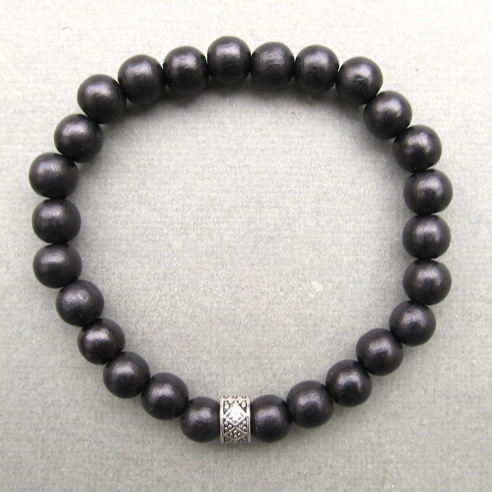 Image of Mens black wooden beaded bracelet with tibetan style bead 2