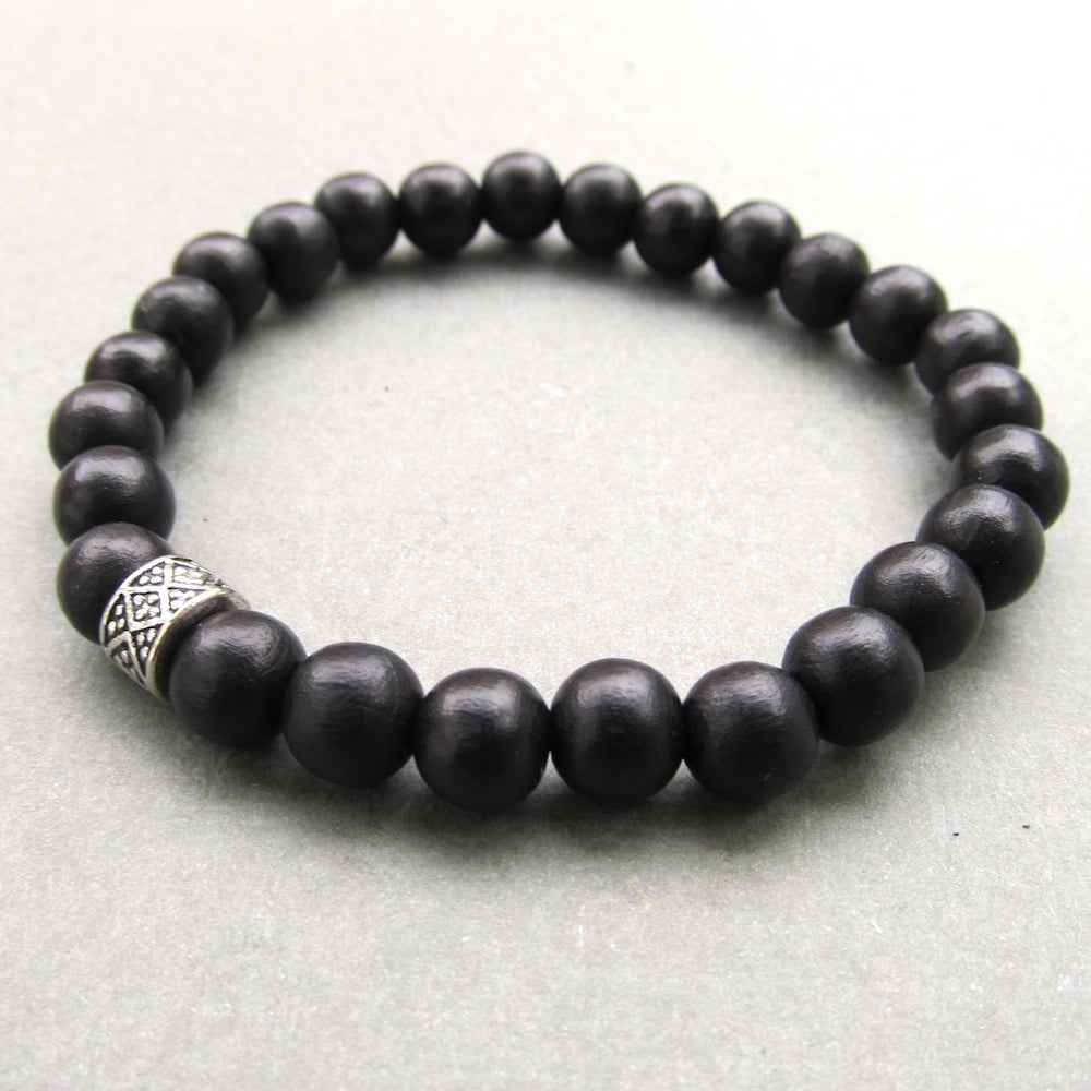 Image of Mens black wooden beaded bracelet with tibetan style bead 2
