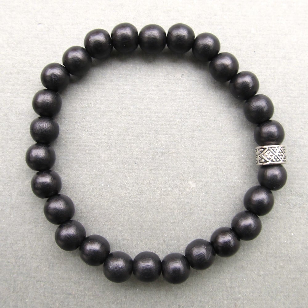Image of Mens black wooden beaded bracelet with tibetan style bead 2