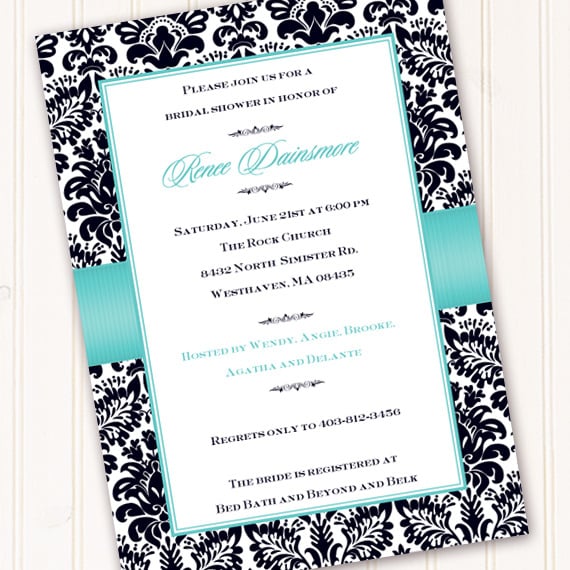 Image of IN157 black damask background and thick ribbon invitation