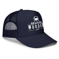 Image 2 of Brackish Wooder Foam Trucker Hat – White Logo with Chesapeake Blue Crab | Snapback Mesh Cap