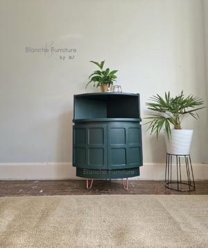 Image of Nathan Corner Drinks Cabinet in Bottle Green with Copper legs