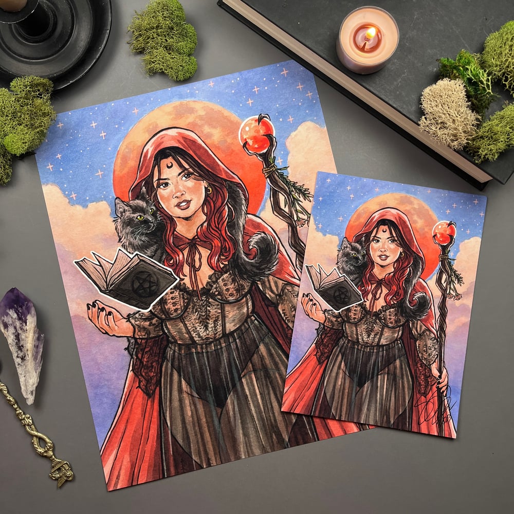 Blood Moon Witch Signed Watercolor Witch